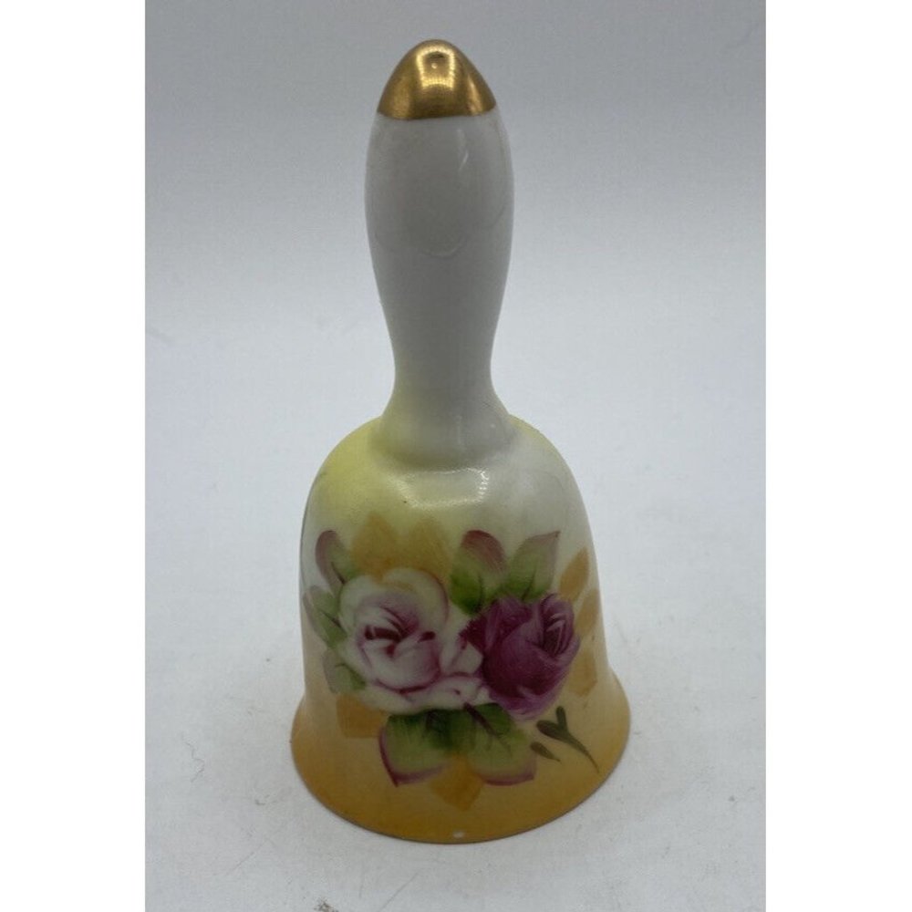 Lefton China Bell #5202 Porcelain Hand Painted Pink Roses Gold Tip